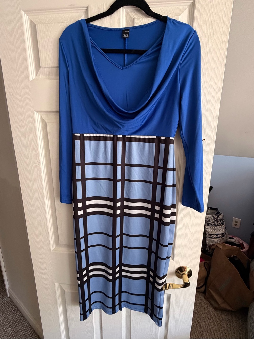 Bodycon Blue & Light Blue Plaid Long Sleeve Dress
